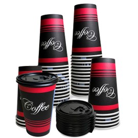 EcoQuality 16 oz Disposable Paper Coffee Cups with Black Flat Lids, Recyclable Hot/Cold Beverage Paper Drinking Cups with Lids for Tea, Water, Coffee, Travel, Picnic, Breakroom, Office (25 PACK)