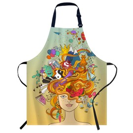 oFloral Psychedelic Girl Apron Adjustable Apron Cooking Kitchen Chef Women Men Aprons for Home Kitchen, Restaurant, Coffee House, Baking Gardening BBQ