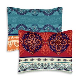 Boho Mandala Bohemian Chic Set of 2 Pillow Cases Standard Queen Pillowcase Sham Cover Set for Bed Red Teal Blue Orange Indian Patterned Turquoise Decorative Accent College Dorm Teen Home Room Décor