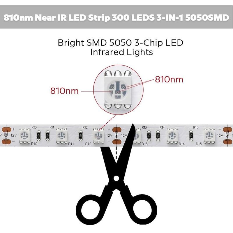 SLL HUT 12 Volt 810nm Infrared LED Strip Light, 5m/16.4ft