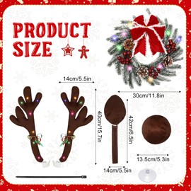 Yunlly 13 Inch Christmas Car Wreath Reindeer Antlers Car Kit with LED Lights, Glowing LED Car Reindeer Antlers with Bells Reindeer and Nose Kit Xmas Wreath Bow Decor Car Exterior(Cedar)