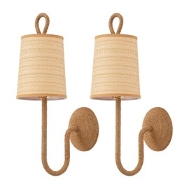 MhyTogn Boho Natural Rattan Wall Sconce Set of 2 Hand Woven Wall Lamp Rustic Wicker Wall Lights for Bedside Hallway Vanity Stairway Fireplace Living Room, UL Listed