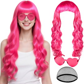 PLULON Hot Pink Long Curly Hair Wig with Heart Sunglasses and Hair Cap for Women Men, Long Wavy Wigs Synthetic Colored Funny Cosplay Hairpieces for Daily Bachelorette Halloween Costume Party