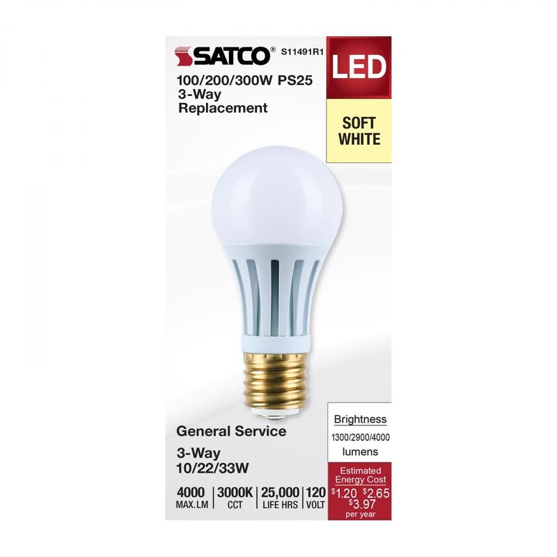 Satco LED Three-Way Lamp, 10/22/33W, Mogul Base, 3000K, White Finish