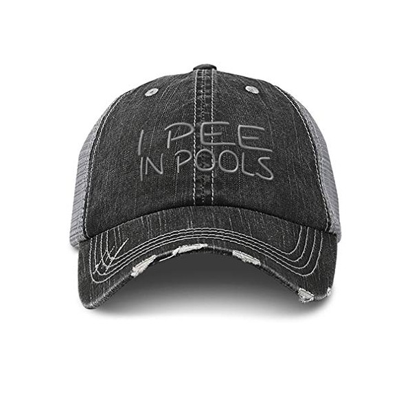 Custom Distressed Trucker Hat I Pee in Pools B Embroidery Cotton for Men & Women Strap Closure Black Gray Design Only