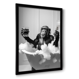 OIQArtOIQ Funny Bathroom Canvas Wall Art Black and White Framed Wall Art Chimpanzee in Bathtub Animal Art Prints Artwork For Restroom, 16x24 in