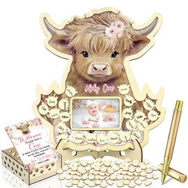 Wenqik 63 Pcs Baby Shower Guest Book Alternatives Set Baby Shower Decorations with Photo Frame Sonogram Frame Keepsake 60 Wood Slices Guest Book for Birthday(Highland Cow)