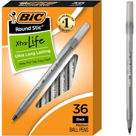 BIC Round Stic Xtra Life - Bolgrafos negros de punta media (1.0mm), paquete de 36 unidades de bolgrafos de granel, barril redondo y flexible para...  