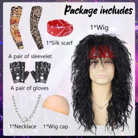 Guree Hair 6Pcs Rocker Mullet Wig for Men Women Unisex，Long Curly Black Wig with Bandana Tattoo Sleeve Gloves Necklace for 70s 80s 90s Cosplay Costume Halloween Party