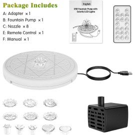 AMZtime USB Fountain Pump with Light & Remote,8 Nozzles for Birdbath,Pool Indoor Outdoor
