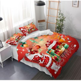 CXYXHW Christmas Bed Linen Set, 3-Piece Bedding Set Santa Claus Pattern, Duvet Cover and Pillowcase with Zip (F, 135 x 200 cm)