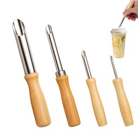 4 Pcs Straw Hole Punch Professional Stainless Steel Straw Puncher for Plastic Lids Lemonade Cups Milk Tea Lids, with Wooden Handle