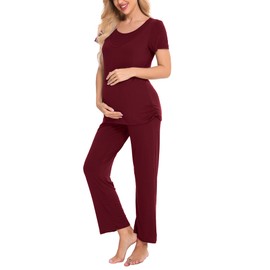 LecGee Women's Nursing Pajama Pants Set Maternity Sleepwear Maternity Gowns for Hospital Labor Wine Red