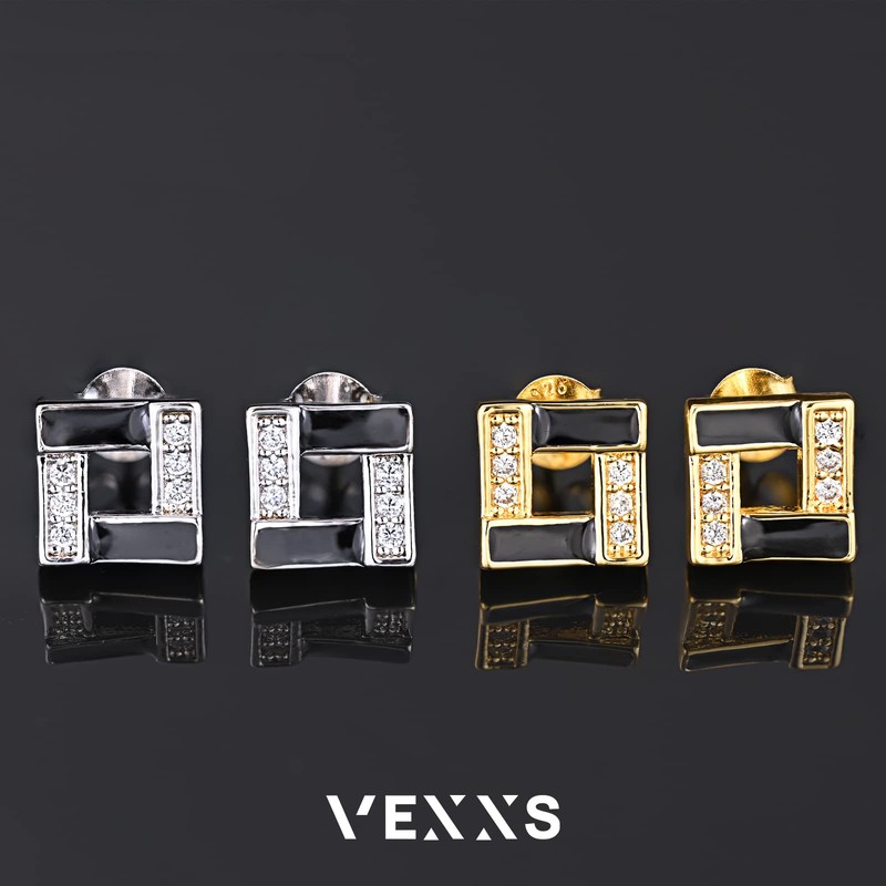 VEXXS Men's Earrings, 925 Silver, CZ Diamond, K14, Simple, Gold,