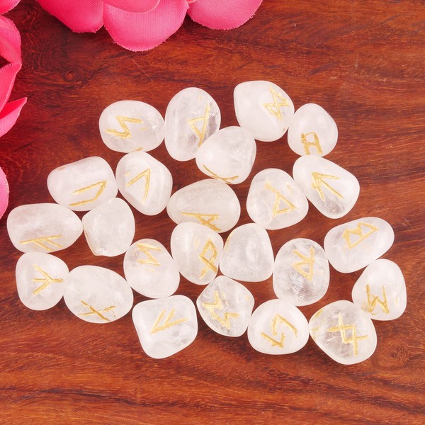 Crystal Rune Set 25 Pcs with Engraved Elder Futhark Alphabets,