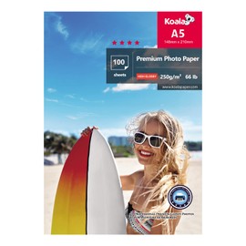 Koala KOALA Glänzendes Inkjet Fotopapier, DIN A5, 148x210mm, 250g/m², 100 Blatt, mit Premium Hochglanz Advanced Kunstharz beschichtet, für Canon HP Epson Tintenstrahldrucker