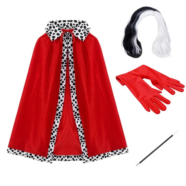 Cruella Deville Costume for Kids Girls Adult Women 101 Dalmatian Fancy Dress Up Black White Polka Dot Cape+Wig+Gloves+Cigarette Holder 4PCS Outfit Halloween Christmas Carnival Cosplay Red-adult 120cm