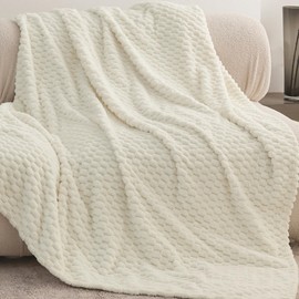 KORBLISS Super Soft Fleece Twin Blanket 50x70 Inches for Couch, Premium Silky with 3D Imitation Turtle Shell Jacquard Decorative Blankets, Lightweight and Cozy for Sofa.Ivory