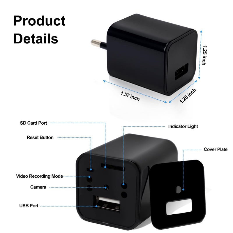 Charger Camera, 1080P Mini Cameras Nanny Cam Video Recorder with