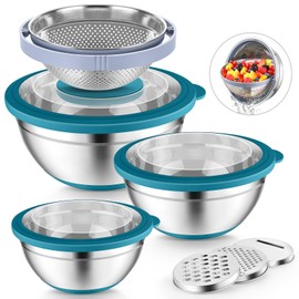 P&P CHEF Mixing Bowls with Lids Set of 3, 3 Pcs Stainless Steel Nesting Salad Bowls and Colander for Kitchen, 3 Grater Attachments & Non-Slip Bottoms, Visible & Airtight Lid, Blue