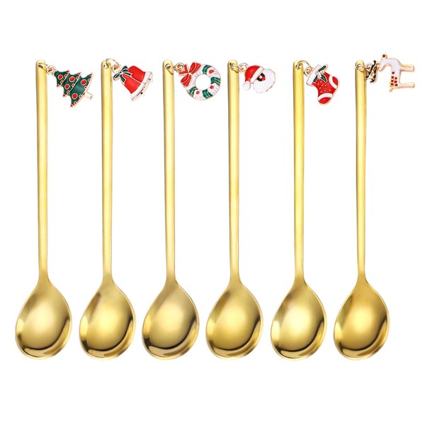 Feelhap Christmas Tableware Set, Christmas Coffee Spoons, 6 Pieces Christmas Spoons, Christmas Stainless Steel Dessert Spoon, Mixing Spoon, Tea Spoon with Colourful Christmas Pendants, Gift Box