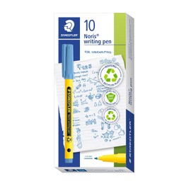 STAEDTLER Noris writing pen 307 Fineliner, carcasa de 97% plástico reciclado según la norma ISO 14021, bolígrafo de punta fina de plástico reciclado, azul delfter, caja plegable, 10 rotuladores
