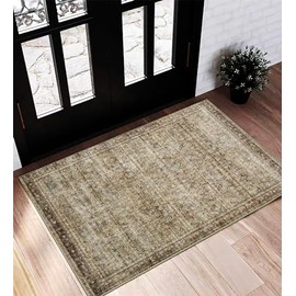 CHAMPLANT Area Rug 2x3 Washable Rug Door Mat Vintage Distressed Taupe Rug Doormat Indoor Entrance Traditional Thin Rug Floral Print Non Slip Carpet for Kitchen Bathroom Bedroom Living Room