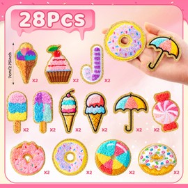 WILLBOND 28 Pcs Candy Cupcake Ice Cream Chenille Patches Self Adhesive for Women Embroidered Appliques for Clothes Bags Backpacks Sewing Craft Decoration Birthday Party Gifts(Pink Party Style)