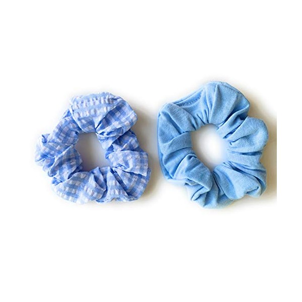 Blue White gingham print jersey fabric ponytail holder scrunchies set