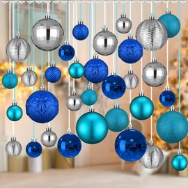 Relaxgiant 36 Pcs Christmas Balls Ornaments for Ceiling, Shatterproof Christmas Balls, Ceiling Hanging Xmas Ball for Xmas Tree Holiday Party Indoor Decorations(Lake Blue, Navy Blue, Silver)