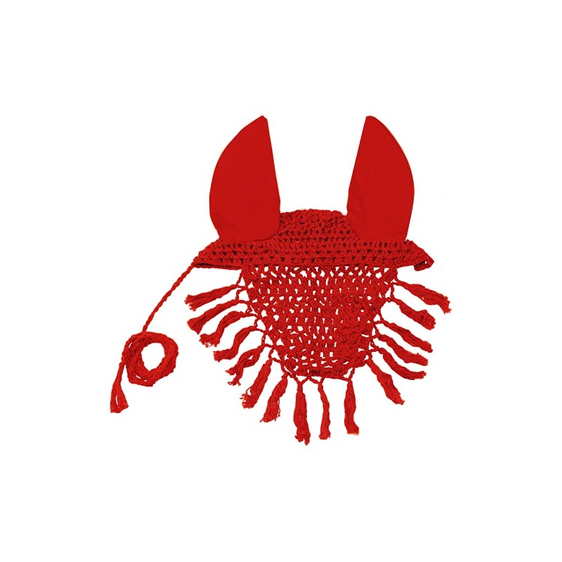 Derby Originals Crochet Horse Fly Veil Ear Bonnet with Fringe,Red,Full