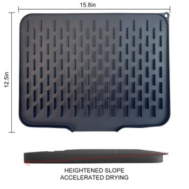 Silicone Dish Drying Mat featuring a Built-in Drain Lip, Heightened Slope Design, Heat-Resistant and Non-Slip Silicone Mat for Kitchen Counter or Sink, 15.8" X 12.5" (Black)