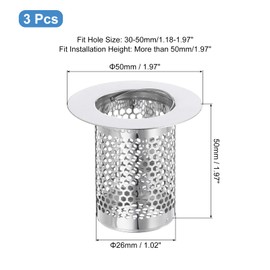 sourcing map 3 Pack Shower Drain Strainer, 2" x 2" Stainless Steel Floor Drain Strainer Deep Sink Hair Catcher for Kitchen Bathroom Balcony Floor Drain, Fit Hole Size from 1.18" to 1.97"