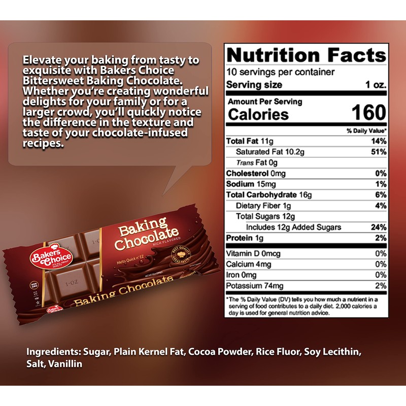 Baker's Choice Baking Chocolate Bar - Microwaveable Chocolate Easy Melt