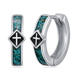 Midir&Etain Cross Hoop Earrings for Men Women 925 Sterling Silver Turquoise Black 15mm Huggie Earring Jewellery Birthday Gifts for Friends