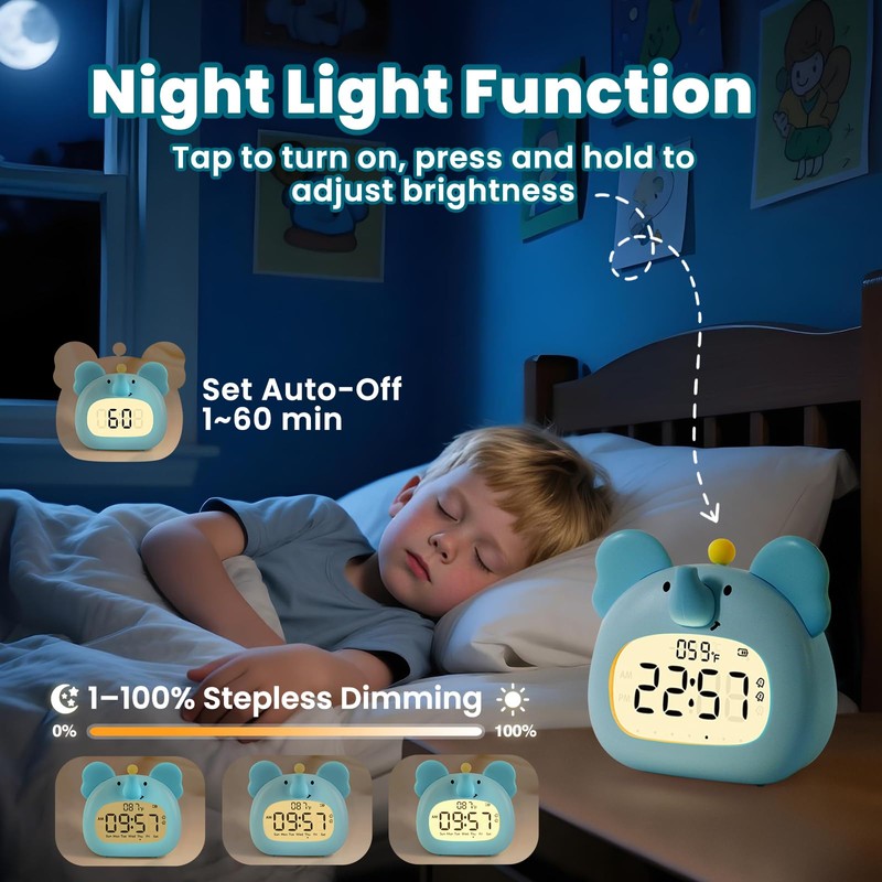 Aokpsrt Elephant Alarm Clock with Night Light for Kids –