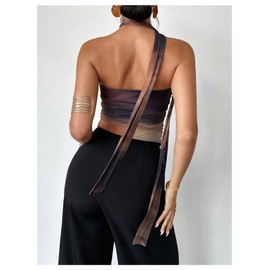 GORGLITTER Women's Tie Dye Ruched Strapless Halter Tube Top Mesh Backless Going Out Bandeau Top with Scarf Multicolor Small