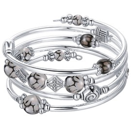 Beaded Pearl Bangle Wrap Bracelet - Fashion Bohemian Jewelry Multilayer Charm Bracelet with Thick Silver Metal Beads, Gift For Women(Grey)