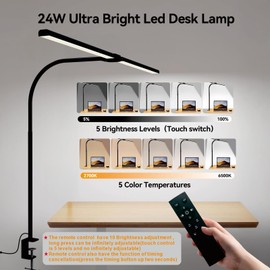 LED Desk Lamp for Home Office, Eye Caring Architect Desk Light with Clamp,50 Lighting Models,Remote and Touch Control,24W 2000LM,Memory Function and Timer for Study, Reading,Workbench Black