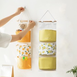 RUIXOAXI Cotton Fabric Multi Functional Closet Hanging Storage Bag,Waterproof Linen Fabric Organizer with 3 Pockets for Room Bathroom (Yellow)