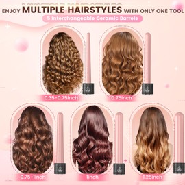 5 in 1 Curling Iron Wand Set, Hair Curling Iron Interchangeable Ceramic Barrels (0.35 to 1.25 Inch), Barrel Heat Protective Glove 2 Clips, Dual Voltage Hair Curler for Girls, Women Gift - Rose Gold