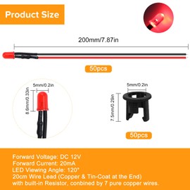 Lyeteung 50 Pieces 5 mm 12 V Pre-Wired LED Diode Light, Red, 5 mm LED Diffuse Emitting Light Diode with 20 cm Cable + 50 Pieces 5 mm Plastic LED Diode Holder