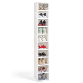 OohFaice 10 Tier Vertical Tall Narrow Shoe Rack, Corner Shoe Storage Organizer, Foldable Shoe Shelf for Closet Entryway, Free Standing Cabinet with Clear Door, Plastic Space Saving Shoe Stand, White
