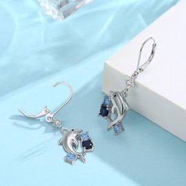 Dolphin Earrings for Women 925 Sterling Silver Dolphin Ocean Wave Drop Earrings with Zircon Ocean Animal Jewelry Gift for Women
