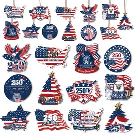 24 Pcs 250th Christmas Wooden Ornaments Red White Blue Tree Decorations