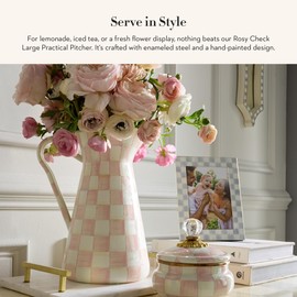 MACKENZIE-CHILDS Practical Enamel Pitcher with Spout, Drink Pitcher for Iced Tea or Water, Flower Vase, Large, Pink-and-White Rosy Check