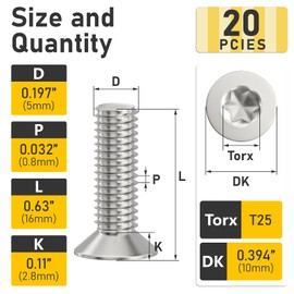Valorada 20Pcs M5 x 16mm Bolts, M5 Countersunk Bolts, Torx Screws, 304 Stainless Steel, Flat Head Machine Screws with Torx Key