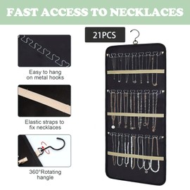 Jewellery Organiser Hanging - Jewellery Storage Double-Sided with Metal Hooks, Hanging Jewellery Storage Roll, Jewellery Organiser Hanging with 39 Pockets and 3 Wave-Shaped Metal Hooks Chains (Black)
