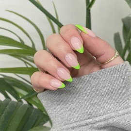 30 PCS Neon Green French Tip Press On Nails Short Almond,Medium Fake Nails French Nails Press ons,Oval Acrylic Nails Glue on Nails Medium,Natural Short Almond Nails False Nails for Women in 15 Sizes