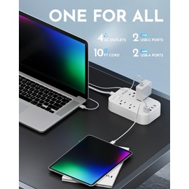 Power Strip Long Extension Cord - 10Ft Braided Extension Cord with Flat Plug, 4 Outlets and 3 USB Charging Ports, Overload Protection and Wall Mount for Home, Office